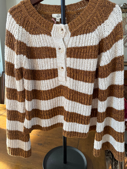 Cafe Latte Brown and Cream Striped Half Button Up Sweater