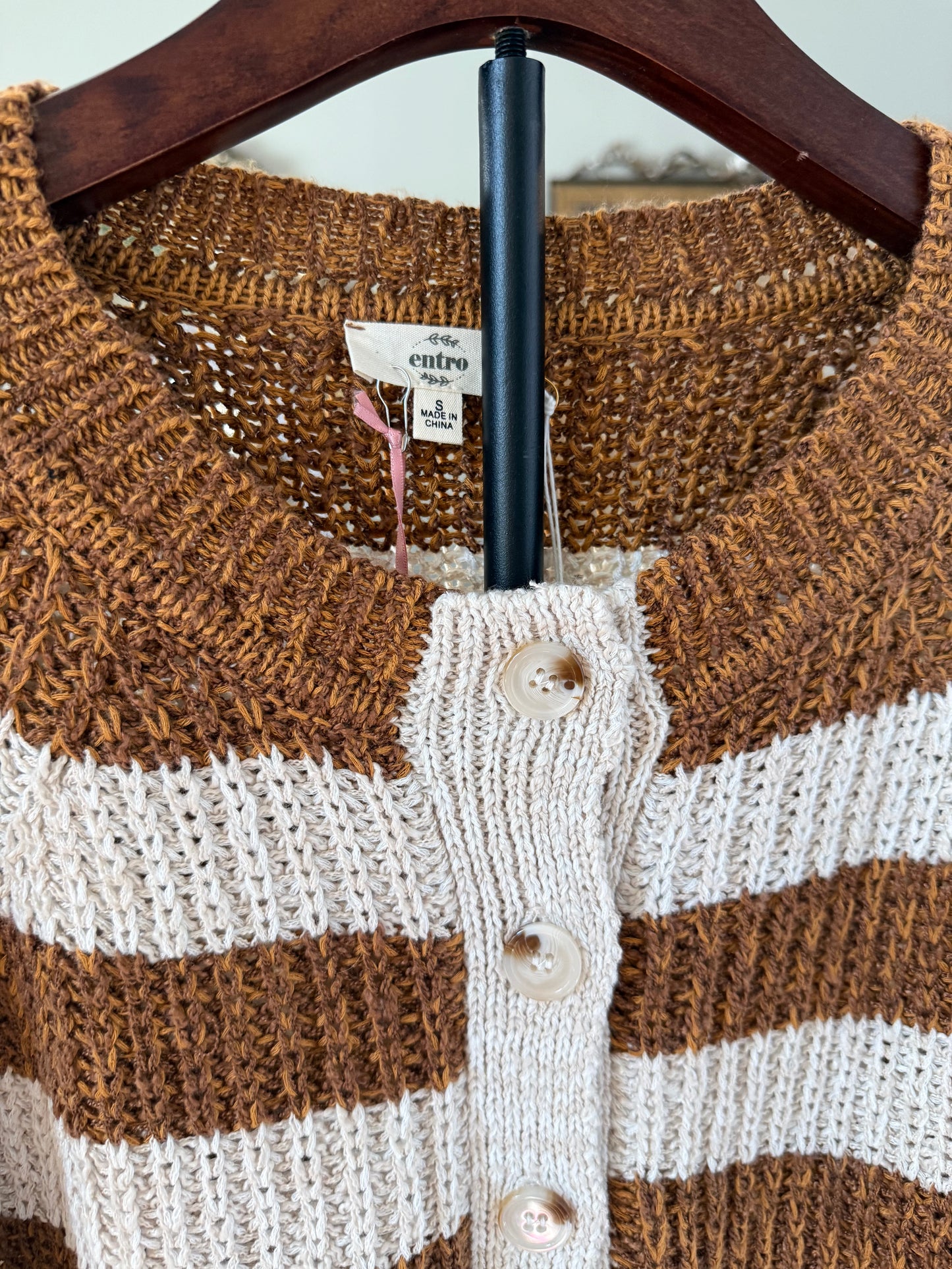 Cafe Latte Brown and Cream Striped Half Button Up Sweater
