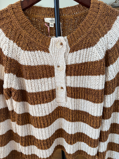 Cafe Latte Brown and Cream Striped Half Button Up Sweater