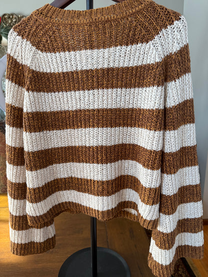 Cafe Latte Brown and Cream Striped Half Button Up Sweater