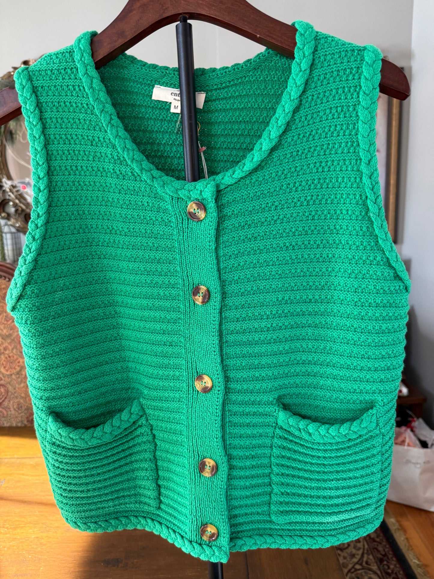 Green With Envy Sleeveless Button Front Sweater Vest
