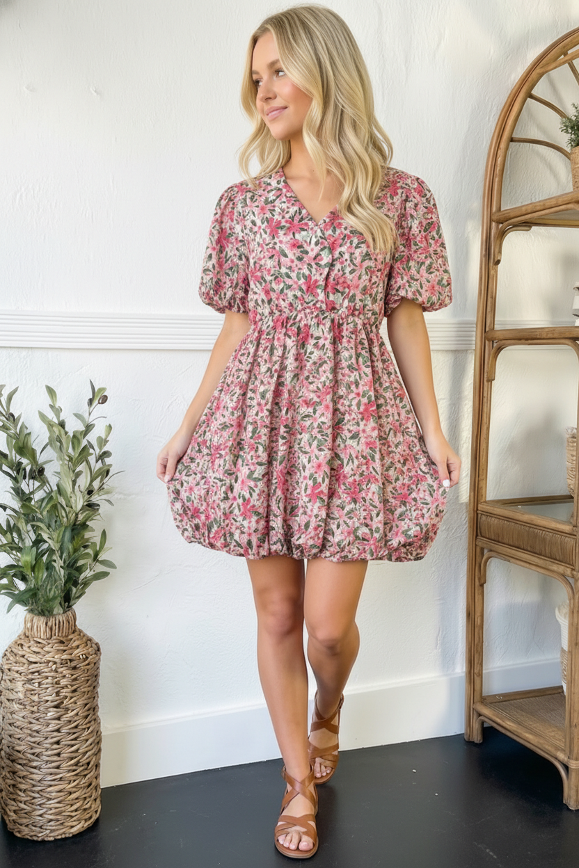 Freshly Picked Pink Floral Short Sleeve Bubble Dress