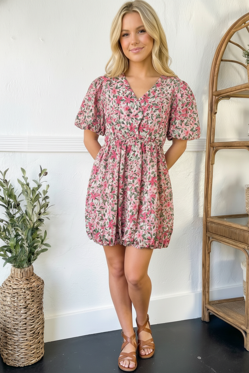 Freshly Picked Pink Floral Short Sleeve Bubble Dress