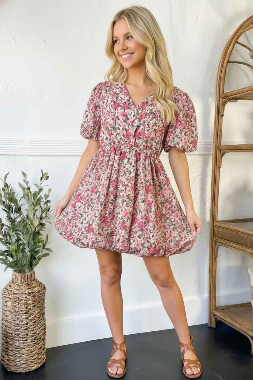 Freshly Picked Pink Floral Short Sleeve Bubble Dress