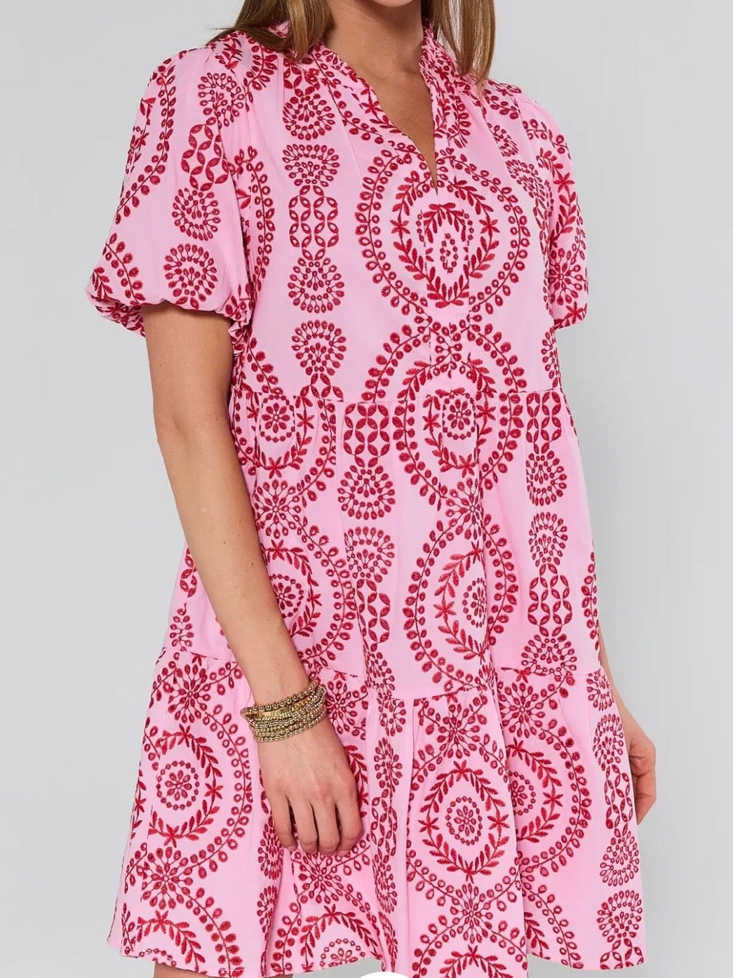 Embroidered Puff Sleeve Short Sleeve Dress