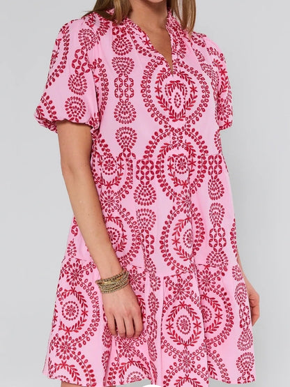 Embroidered Puff Sleeve Short Sleeve Dress