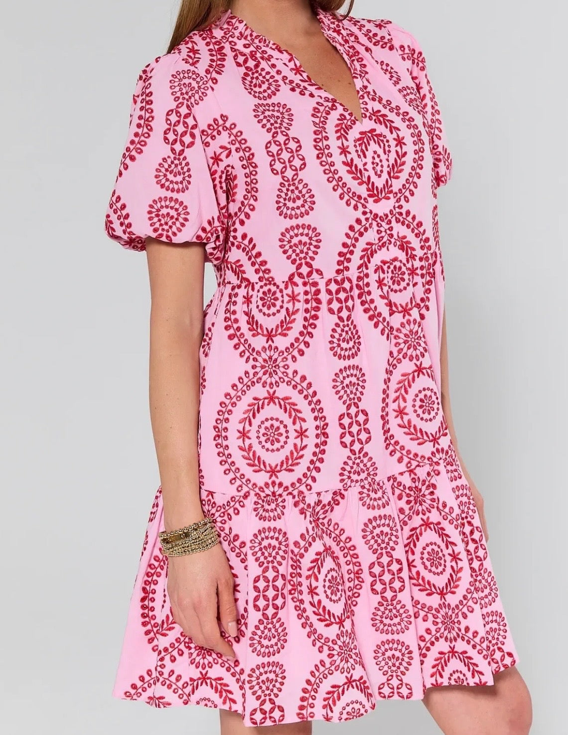 Embroidered Puff Sleeve Short Sleeve Dress
