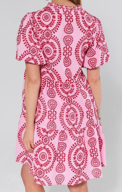 Embroidered Puff Sleeve Short Sleeve Dress