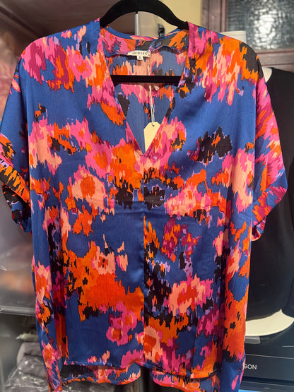 Watercolor Short Sleeve V Neck Blouse