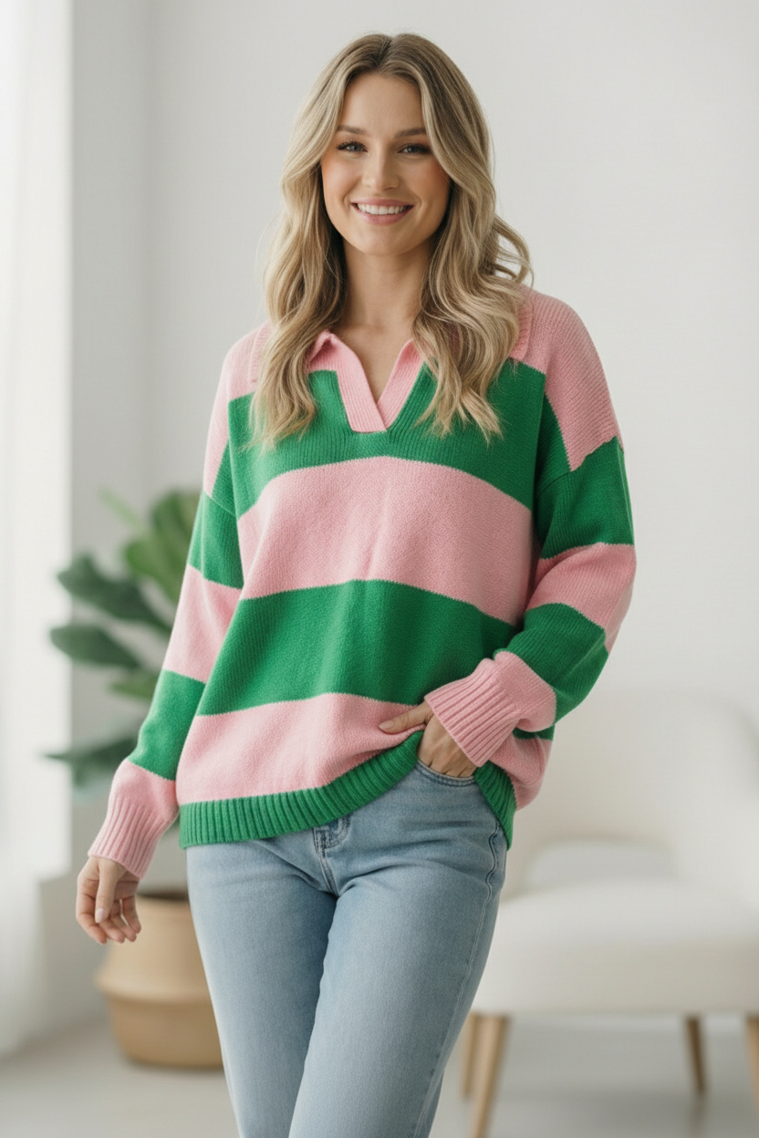 Woman wearing a green and pink striped sweater with light blue jeans indoors.