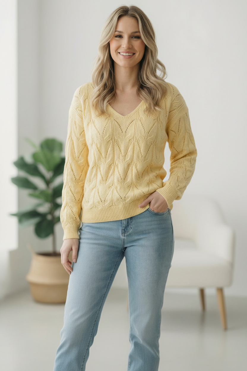 Woman wearing a yellow sweater and light blue jeans indoors.