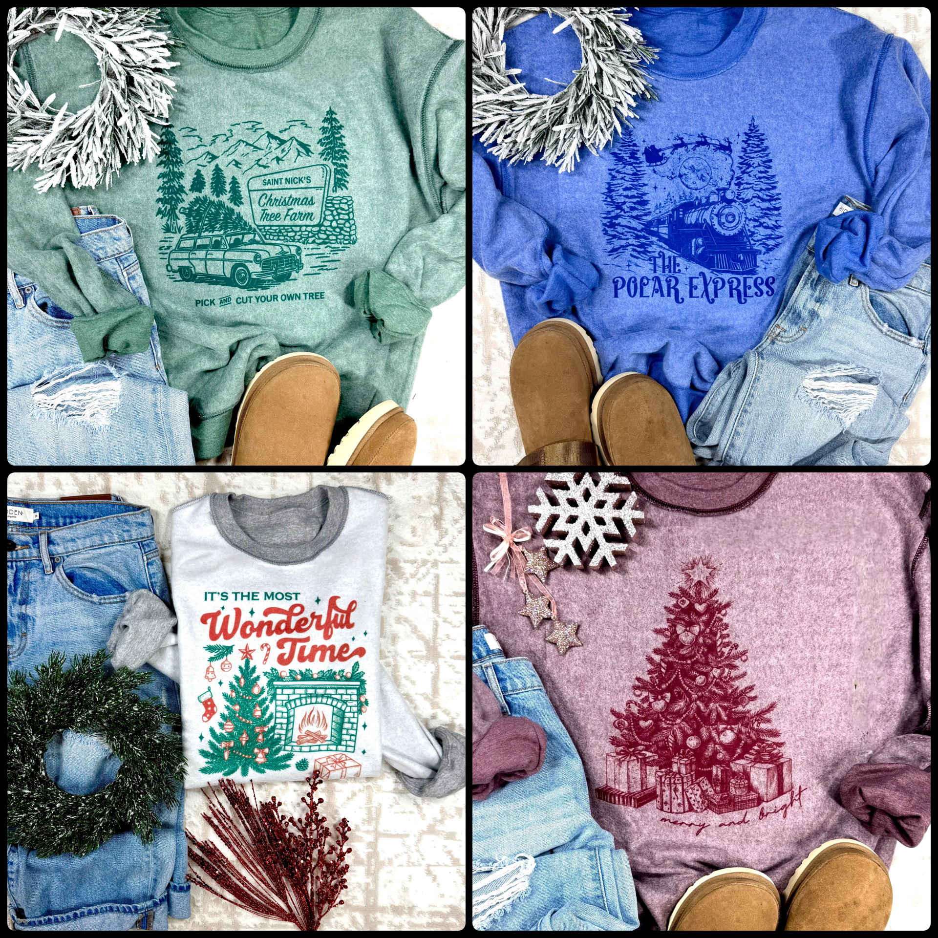 Four Christmas-themed sweatshirts with festive designs and denim jeans.
