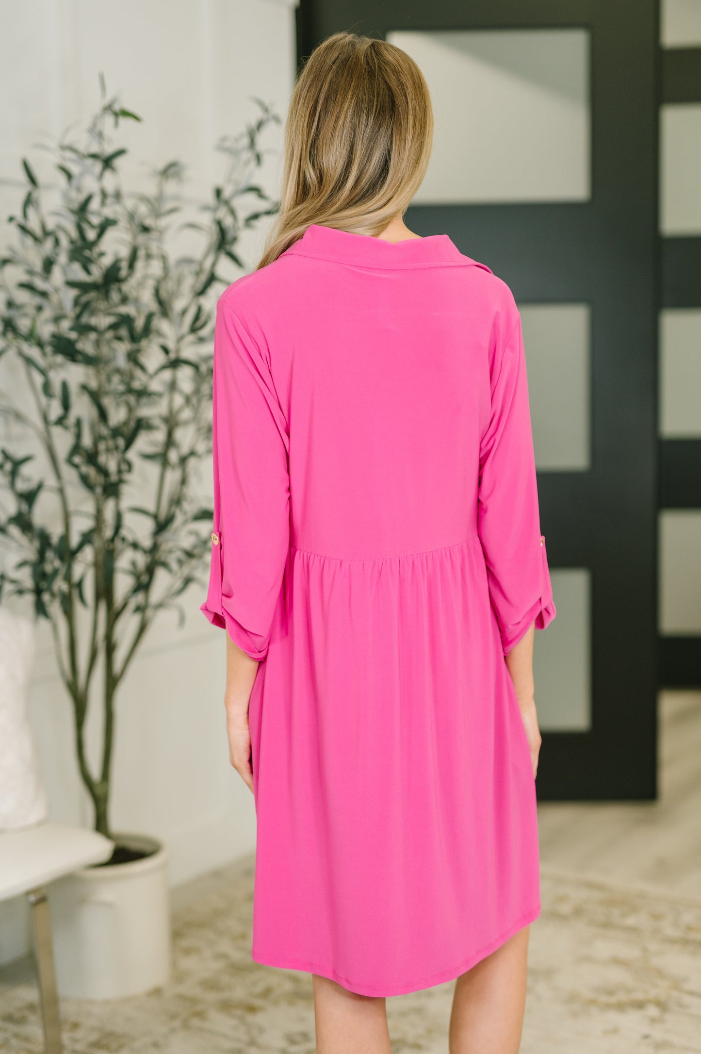 Woman wearing a pink dress in an indoor setting with a plant and black and white wall art.