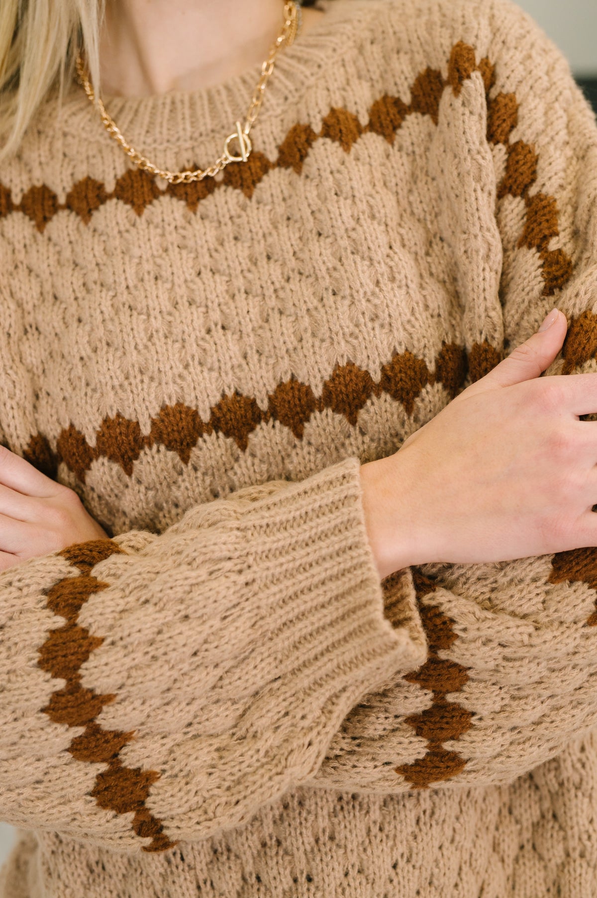 Close-up of a person wearing a brown and beige patterned sweater with a gold necklace.