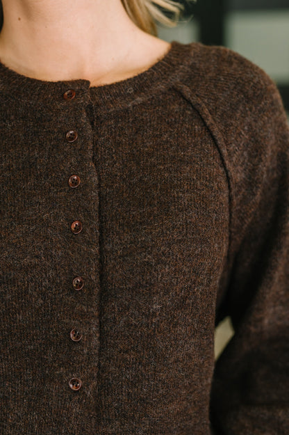 Close-up of a person wearing a dark brown knit sweater with a button-front closure and raglan-style shoulder seams.