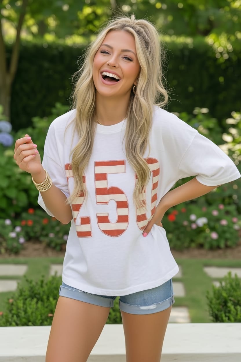 Woman wearing a white t-shirt with red text, standing outdoors in a garden.