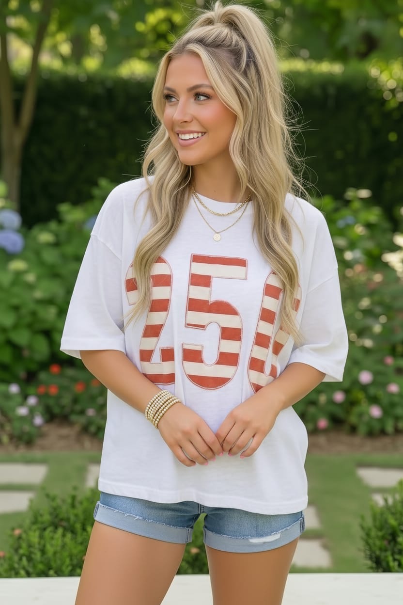 Woman wearing a white t-shirt with red text and denim shorts outdoors.