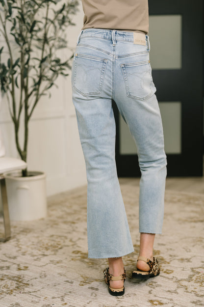 Light blue jeans worn by a person indoors with a plant and chair in the background.