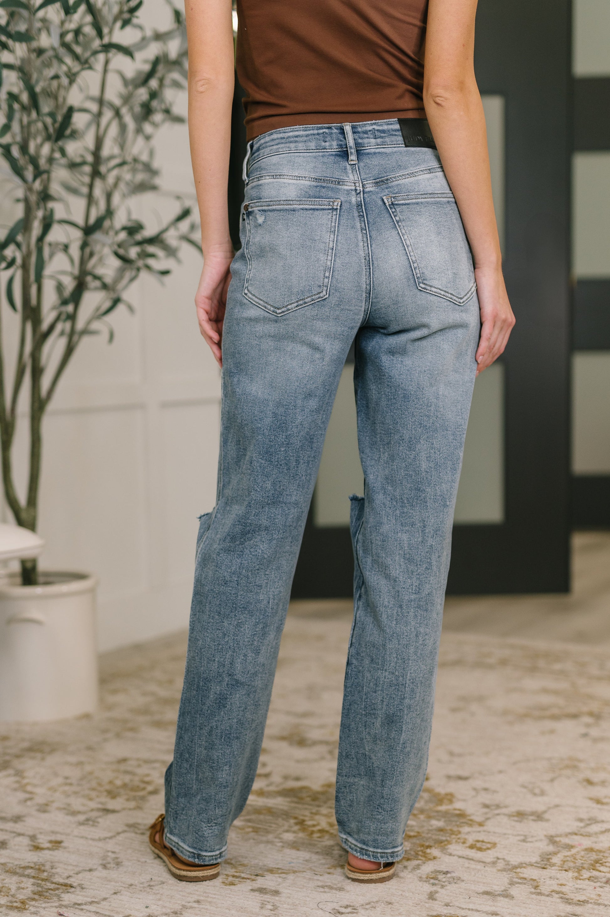Person wearing blue jeans standing in a room with a plant and door in the background