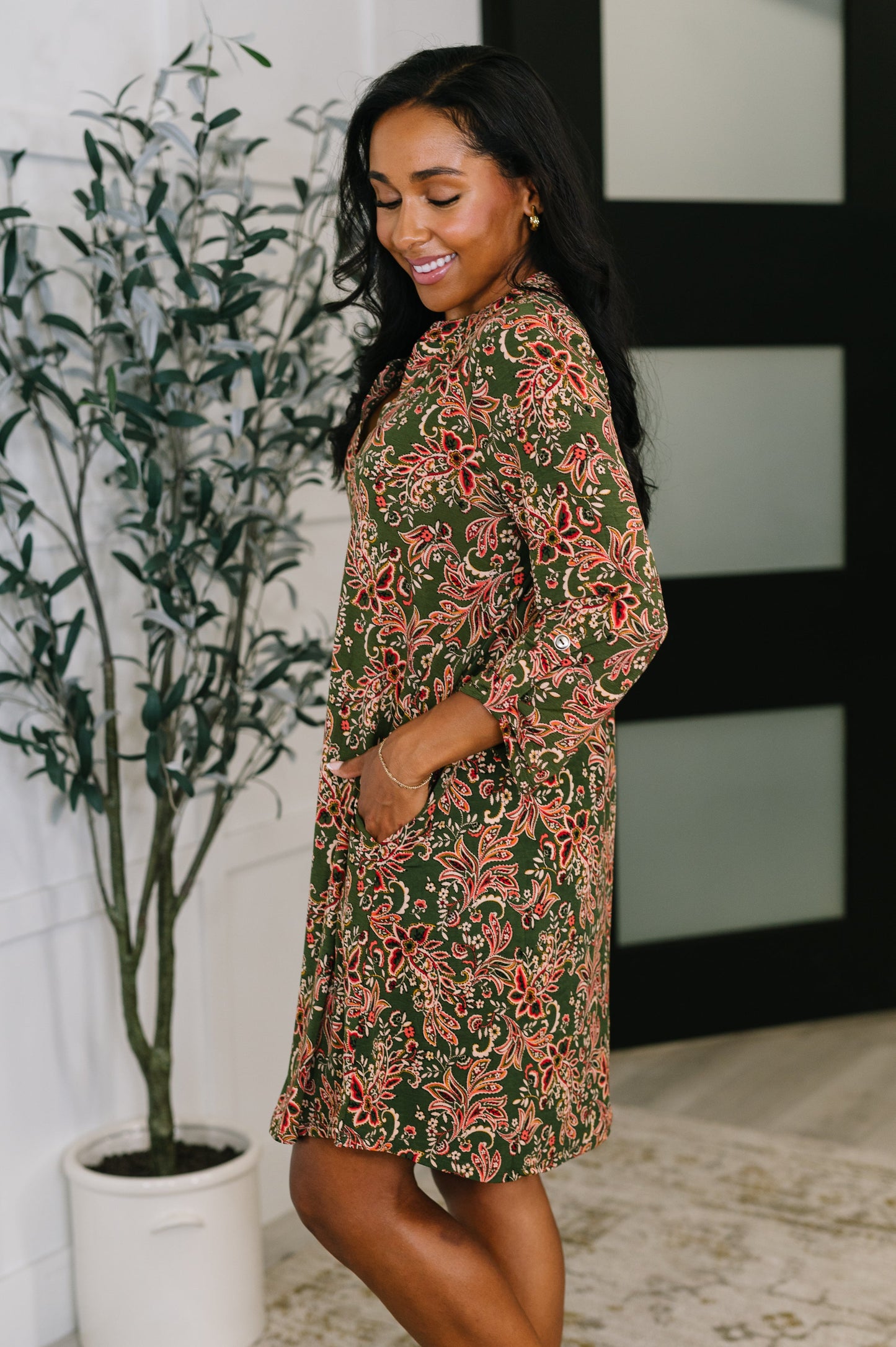 Lizzy Long Sleeve Dress in Olive Paisley