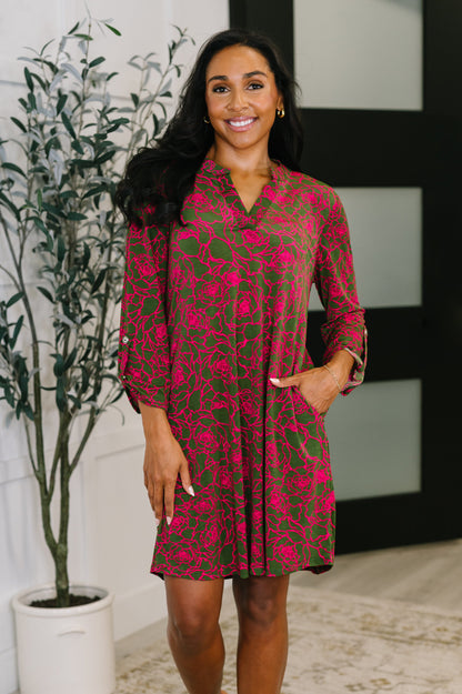 Lizzy Long Sleeve Dress in Pink and Olive Abstract Floral