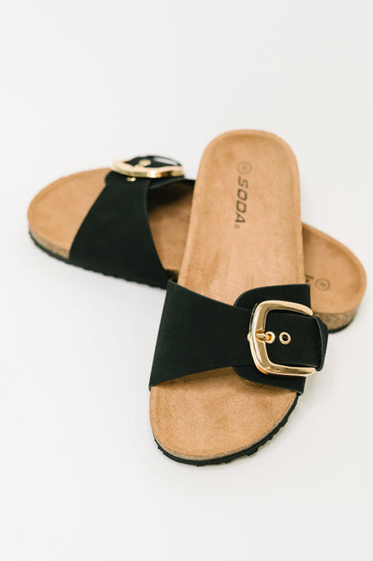 Black sandals with gold buckles on a white background