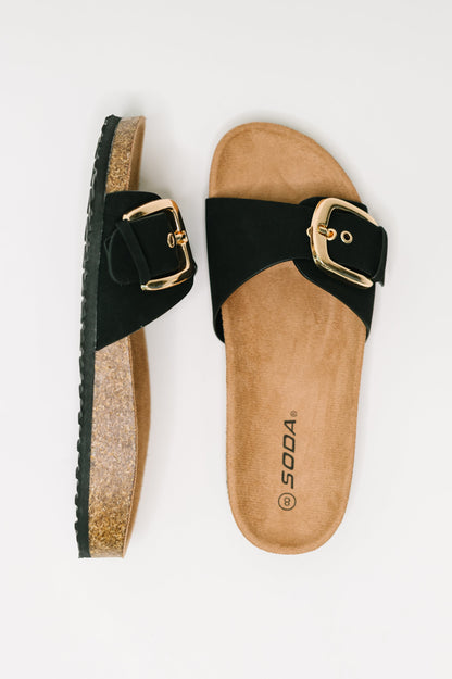 Pair of sandals with black straps and gold buckles on a white background
