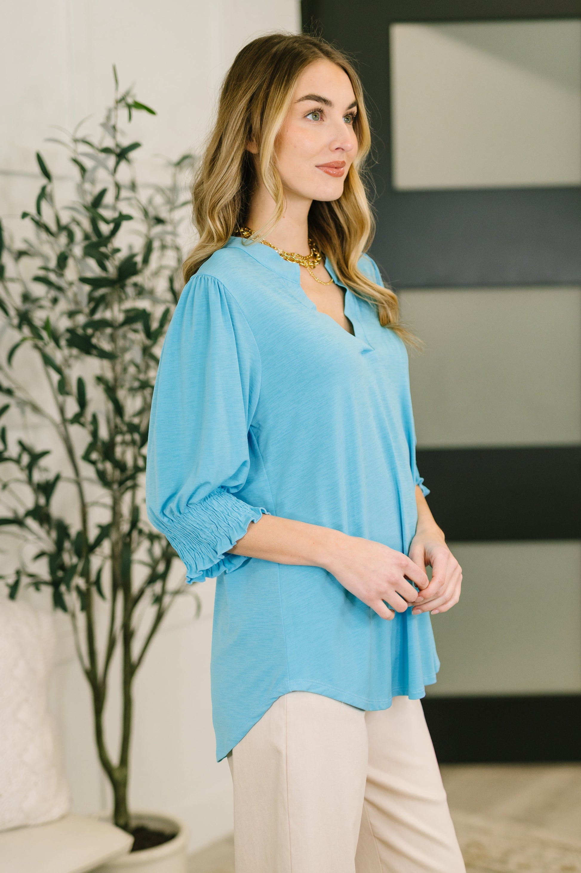 Woman wearing a blue top and beige pants in an indoor setting with a plant and wall decor.
