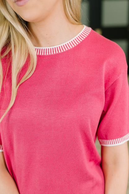 My, Oh, My White Trim Detail Short Sleeve Pink Top