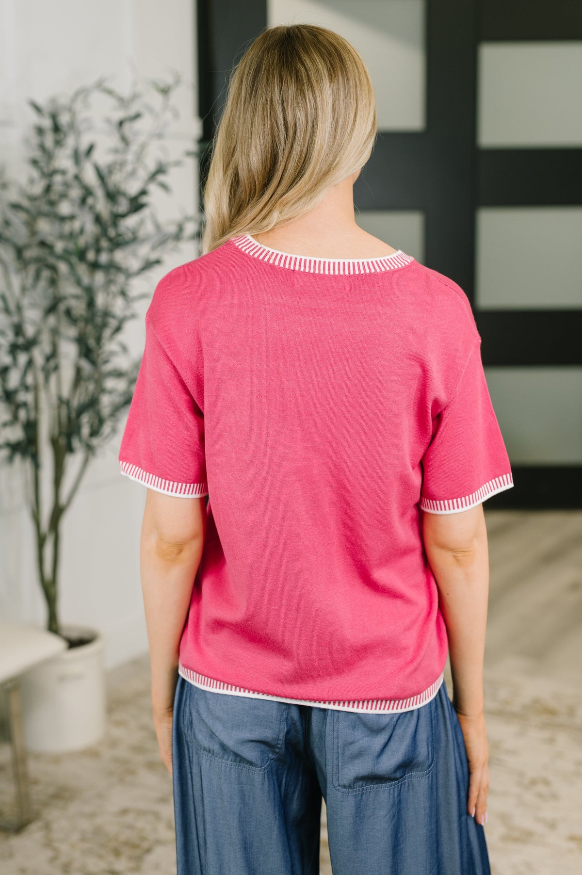 My, Oh, My White Trim Detail Short Sleeve Pink Top