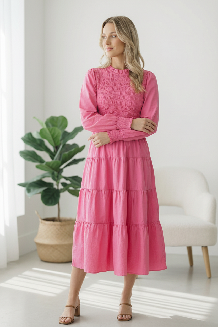 Woman wearing a pink dress standing in a bright room with a plant and chair.