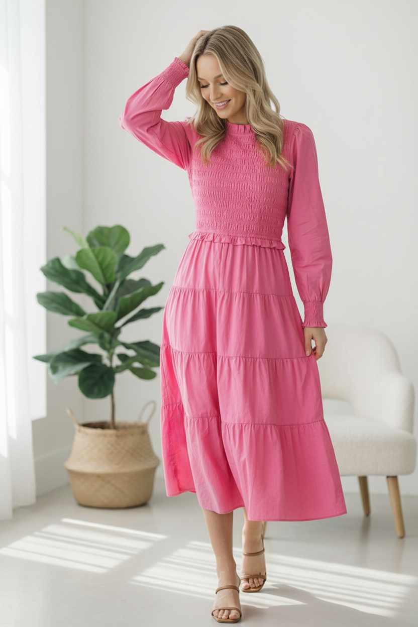 Woman wearing a pink dress in a bright room with a plant and chair.