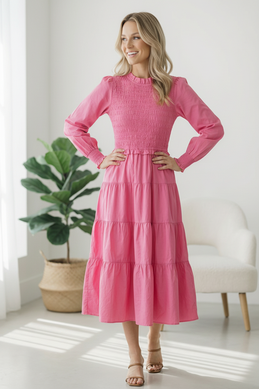 Woman wearing a pink dress standing in a bright room with a plant and chair.