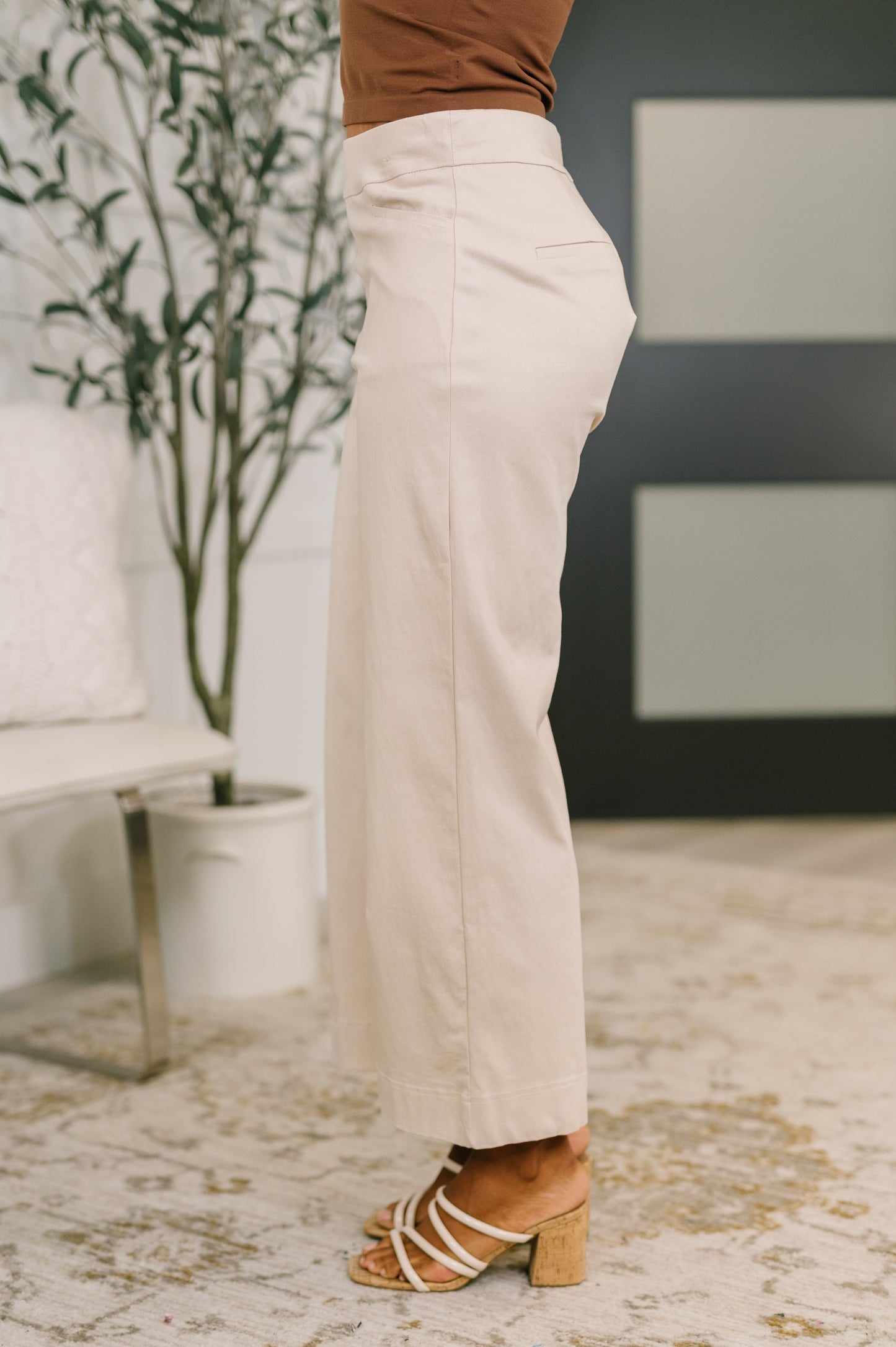 Person wearing beige pants and a brown top in an indoor setting with a plant and sofa.