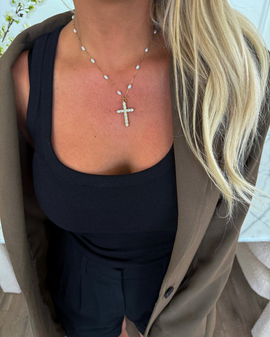 Cross pendant necklace with pearl beaded chain