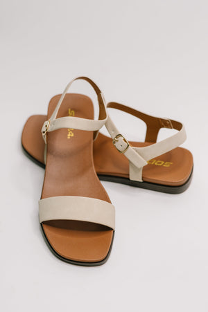 Pair of brown and beige sandals on a light gray background