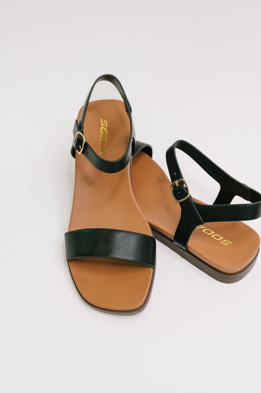Pair of black and brown sandals on a white background