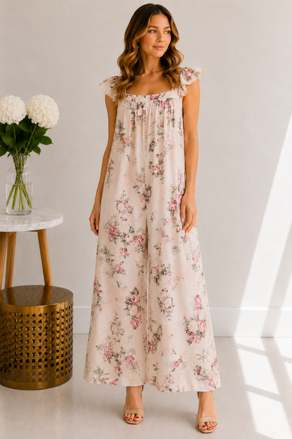 Woman wearing a floral dress standing in a bright room with a vase of flowers on a table.