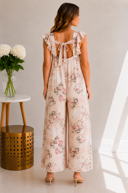 Woman wearing a floral jumpsuit standing in a room with a vase of flowers on a table.