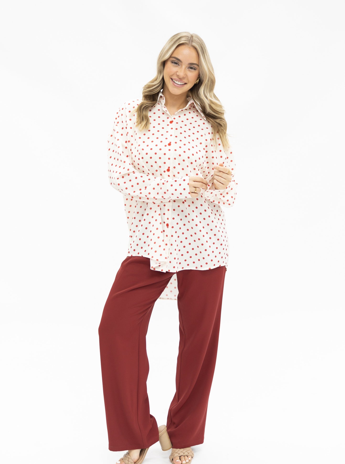 Kathryn Classic Red Polka Dot Button-Up Top