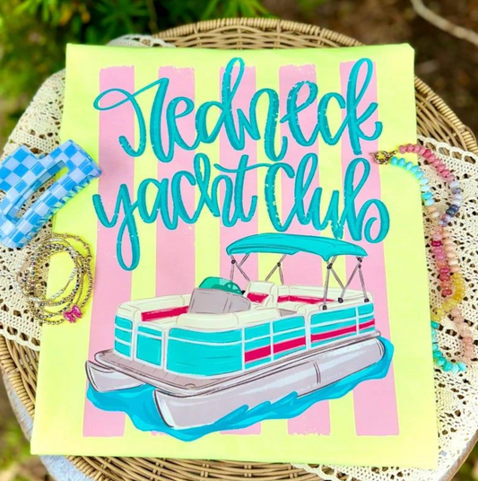 Towel with 'Redneck Yacht Club' text and boat illustration on a striped background
