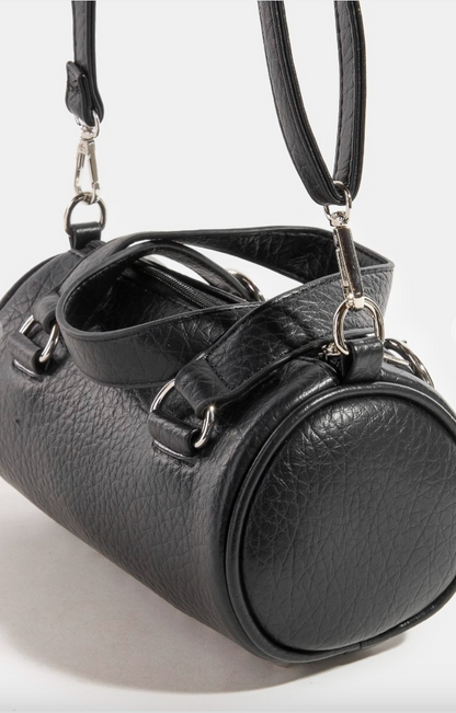 Faux Leather Buckle Strap Cylinder Hand Bag in Red