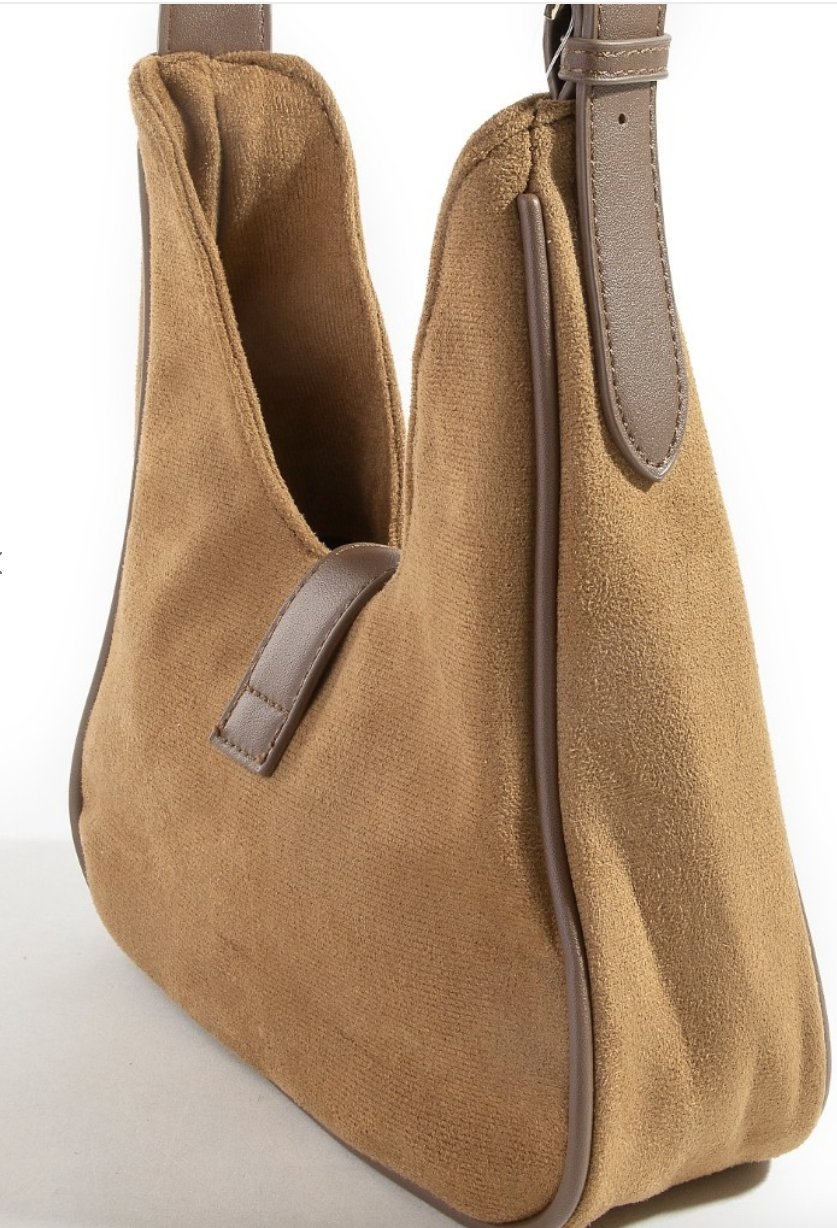 Buckle Accent Faux Suede Hand Bag in Khaki Grey