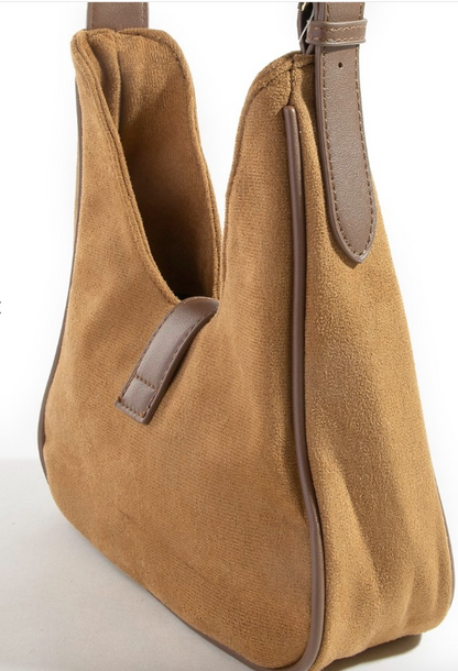 Buckle Accent Faux Suede Hand Bag in Khaki Grey