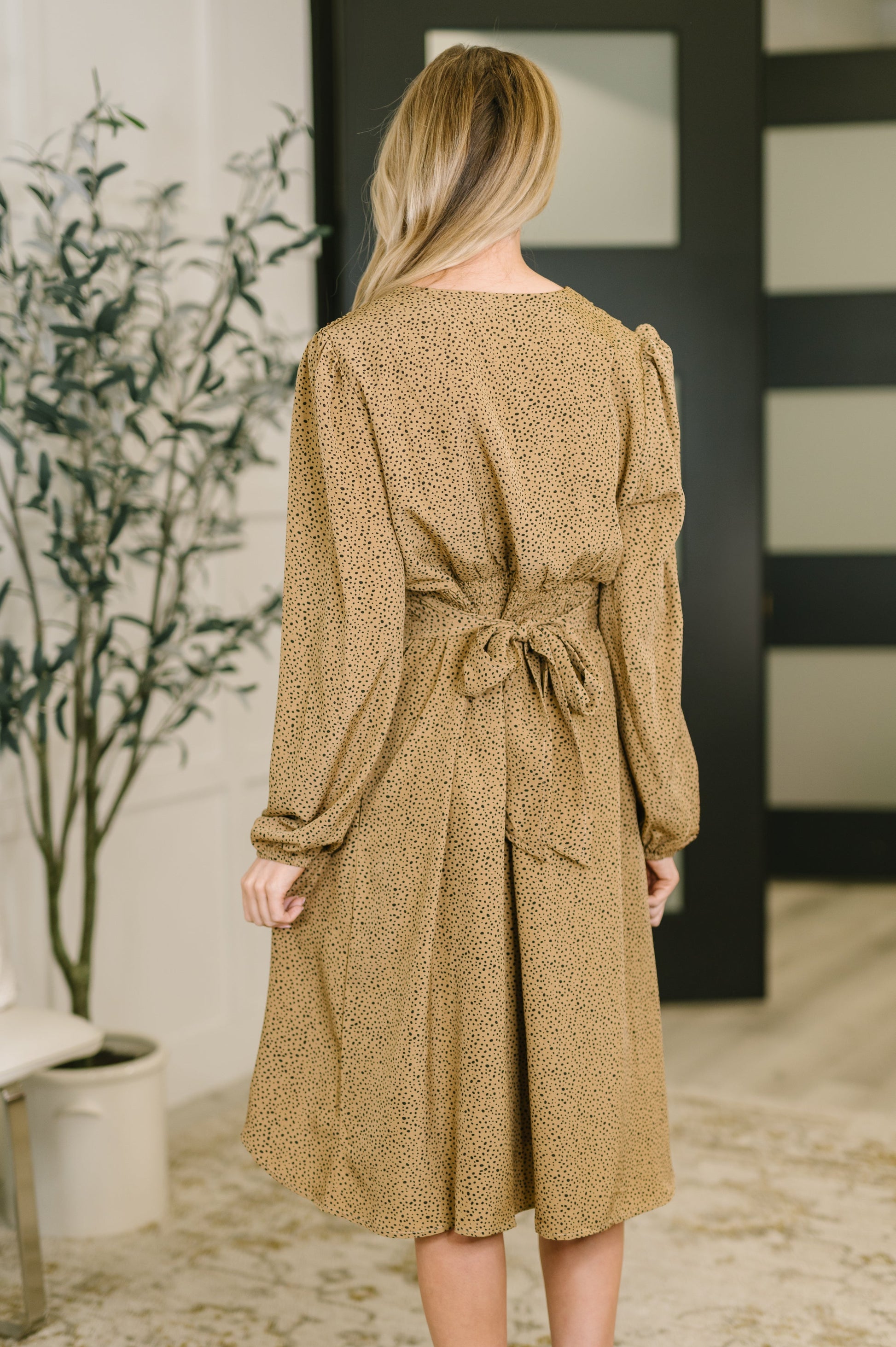Woman wearing a brown patterned dress in an indoor setting with a plant and wall decor.
