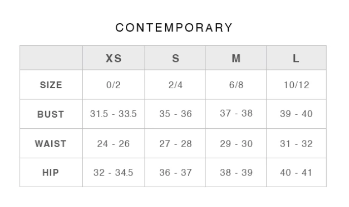 Size chart for 'Contemporary' clothing size range with bust, waist, and hip measurements.