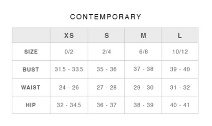 Size chart for 'Contemporary' clothing size range with bust, waist, and hip measurements.