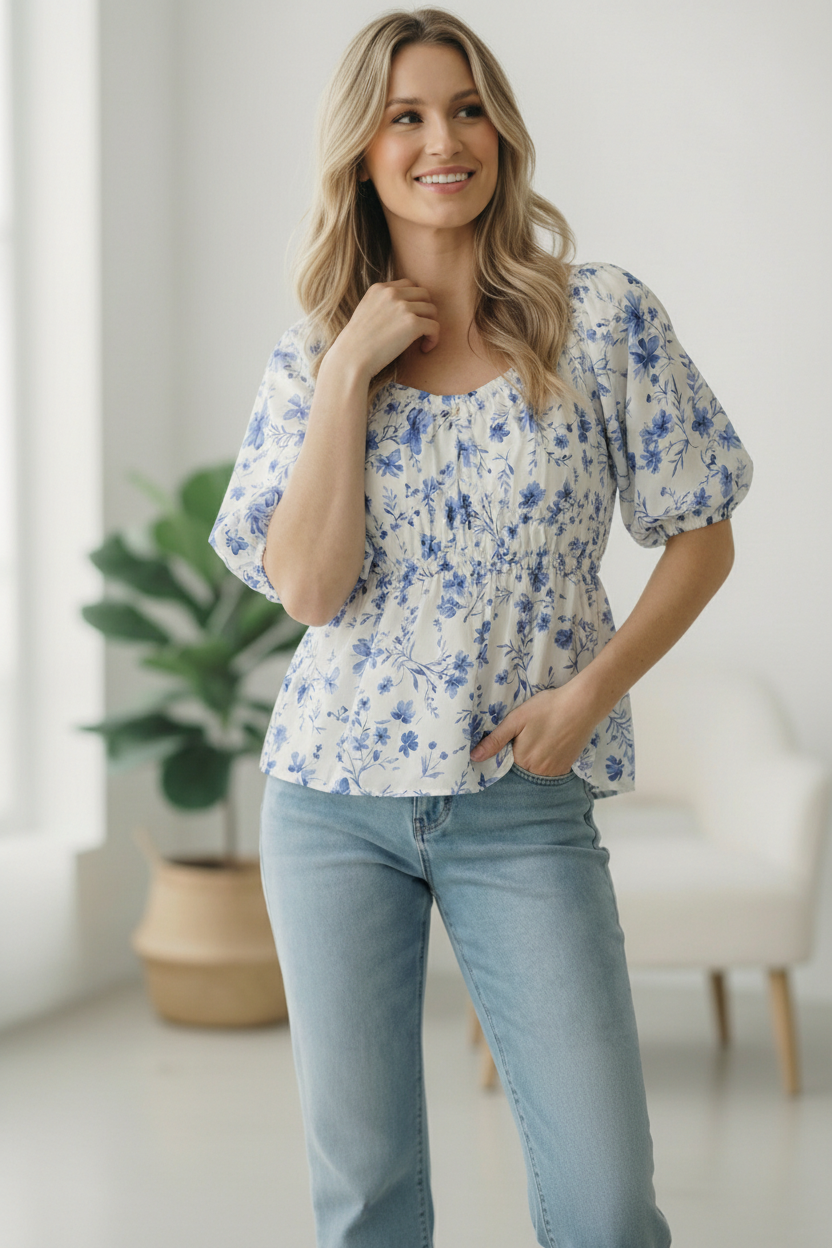 Woman wearing a floral blouse and light blue jeans indoors.