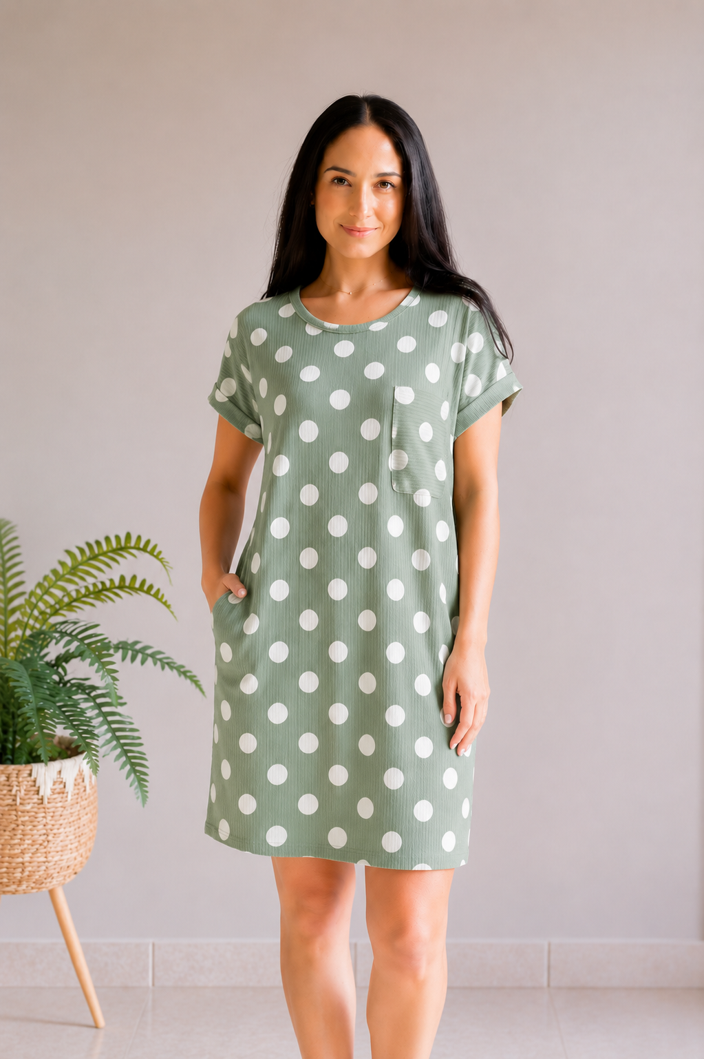Woman wearing a green polka dot dress standing in a minimalistic room with a plant.