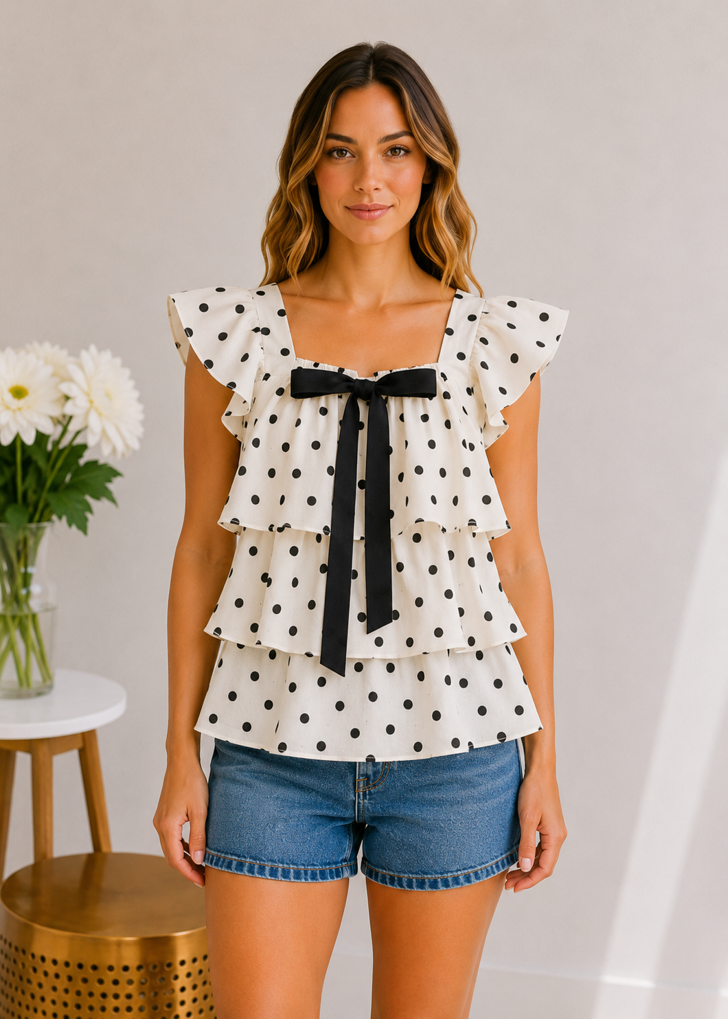 Woman wearing a polka dot blouse with a bow and denim shorts in a casual setting.